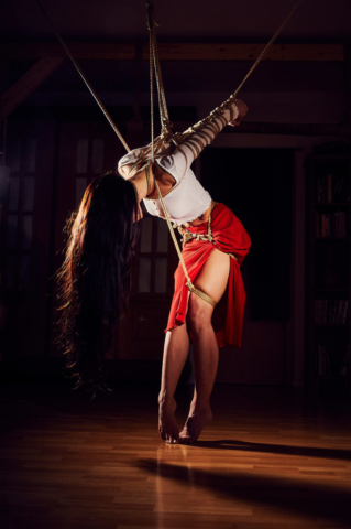 Strappado arm binder red skirt Kinbaku Photography