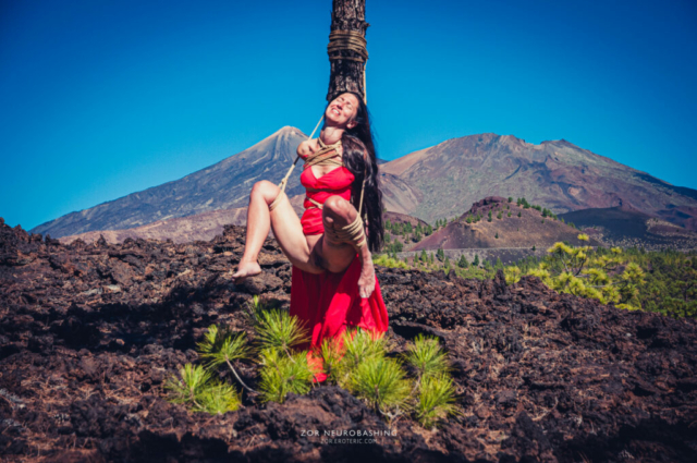 Woman in red dress, tied up, Bondage, Kinbaku, Shibari, Volcano