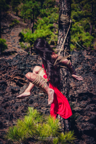 Woman in red dress, tied up, Bondage, Kinbaku, Shibari, Volcano