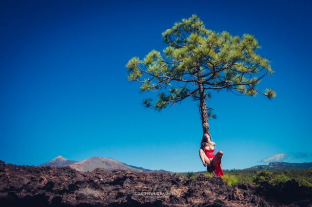 Woman in red dress, tied up, Bondage, Kinbaku, Shibari, Volcano