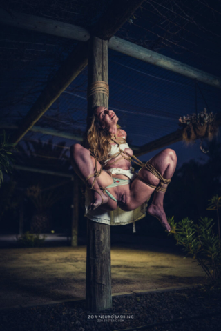 Abandoned girl in white dress, exposed at a pole, Kinbaku, Shibari, Japanese Rope Bondage, Semenawa