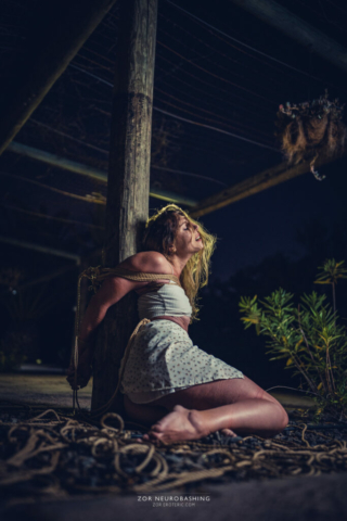 Abandoned girl in white dress, exposed at a pole, Kinbaku, Shibari, Japanese Rope Bondage, Semenawa