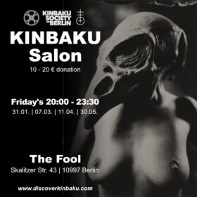 Picture of a woman with bird mask. Invitation to a salon featuring Kinbaku Underground Culture