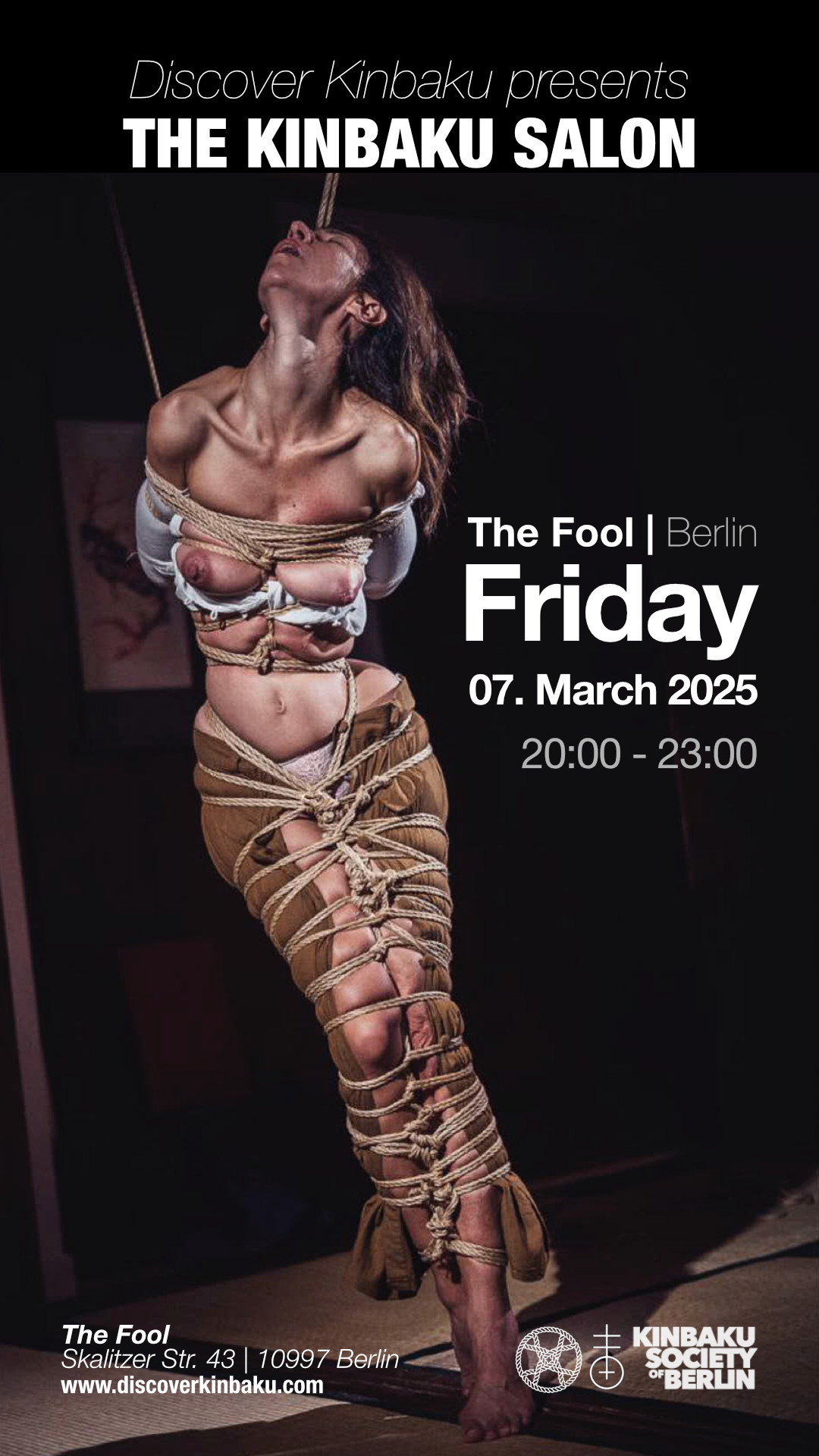 Woman in shibari, symbolising the invitation for a Kinbaku Salon