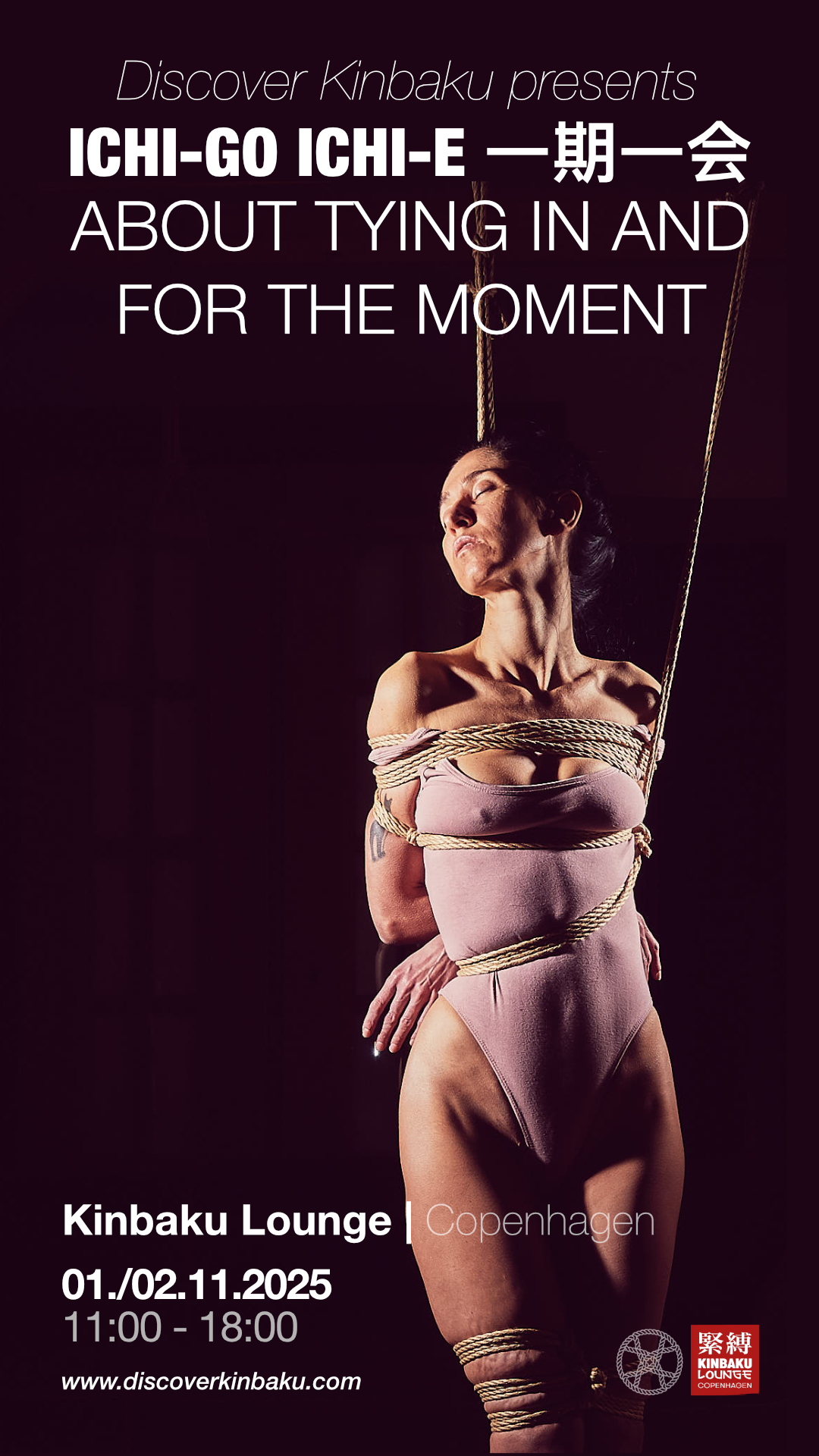 Woman in shibari, symbolising the Kinbaku workshop MA, Mu-Ga, and Musubi - Japanese concepts for better Kinbaku