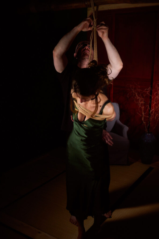 A woman in green dress - Natasha NawaTaNeko - tied in Shibari, Kinbaku, Semenawa, Japanese Bondage in Studio by Alexander MA, Photosession